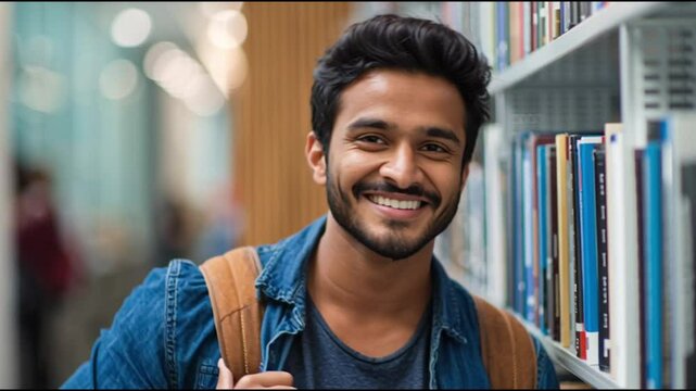 Scholar's Grin: A smiling young scholar with a backpack in a library setting, showcasing his intellect and studious nature. 