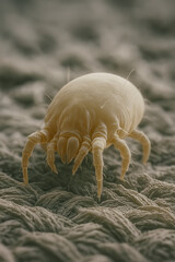 Highly detailed macro view of a dust mite crawling on woven fabric surface showing fine hairs and segmented legs