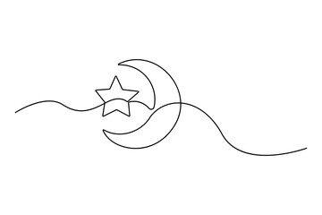 Obraz premium One line drawing of crescent moon and star minimalist ramadan vector design 