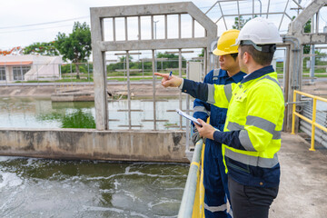 Environmental engineers work at wastewater treatment plants,Water supply engineering working at...