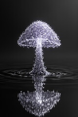 Surreal glass mushroom structure covered in water droplets with ripple effect on reflective surface representing fantasy nature concept and artistic fluid design