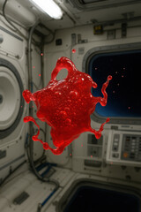 Floating red liquid blob with alien texture suspended in zero gravity inside futuristic space station interior with view of space