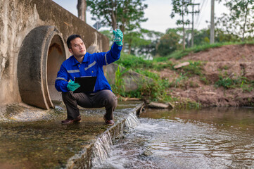 Environmental engineers inspect water quality,Bring water to the lab for testing,Check the mineral...