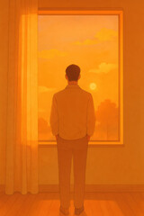 Back view of man standing alone in softly lit room gazing out a large window at warm orange sunset with peaceful atmosphere