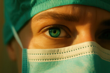 Close up of medical professional with green eyes wearing surgical mask and cap under warm lighting symbolizing focus dedication and frontline healthcare worker