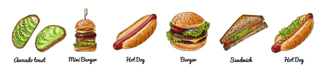 Hand Drawn Vector Fast Food Set – Burger, Hot Dog, Sandwich, Avocado Toast