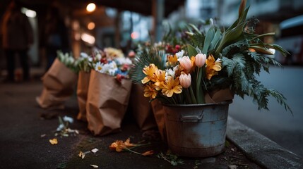 Urban floral display: Flowers in a bucket on a city street evoke romance