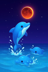 Cute cartoon dolphins jumping out of the ocean under red moonlit night sky representing playful marine life fantasy ocean scene and celestial charm