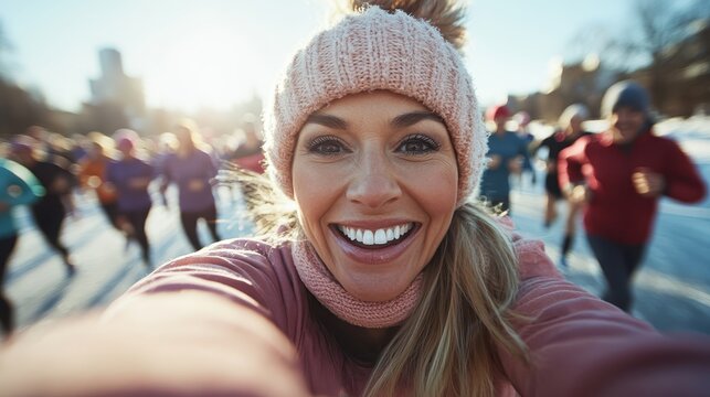 A joyful woman takes a selfie during a lively marathon event, capturing enthusiasm and the spirit of community amidst a vibrant crowd of runners and beautiful sunlight.