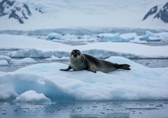 Fototapeta premium A serene seal lounges on an iceberg in the icy Antarctic waters.