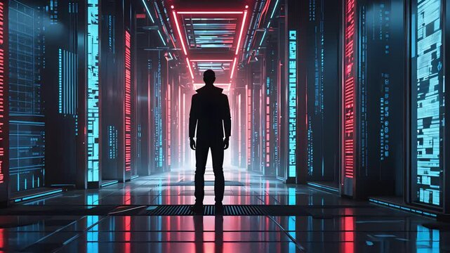 Silhouette of Man Standing in Futuristic Data Center Corridor with Neon Red and Blue Lights Reflecting on High-Tech Server Walls

