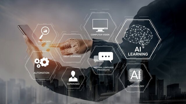 AI learning system involves deep learning, supervised machine learning, and natural language processing. AI learning diagram shows how AI advances learn in automation and data processing. Muxer