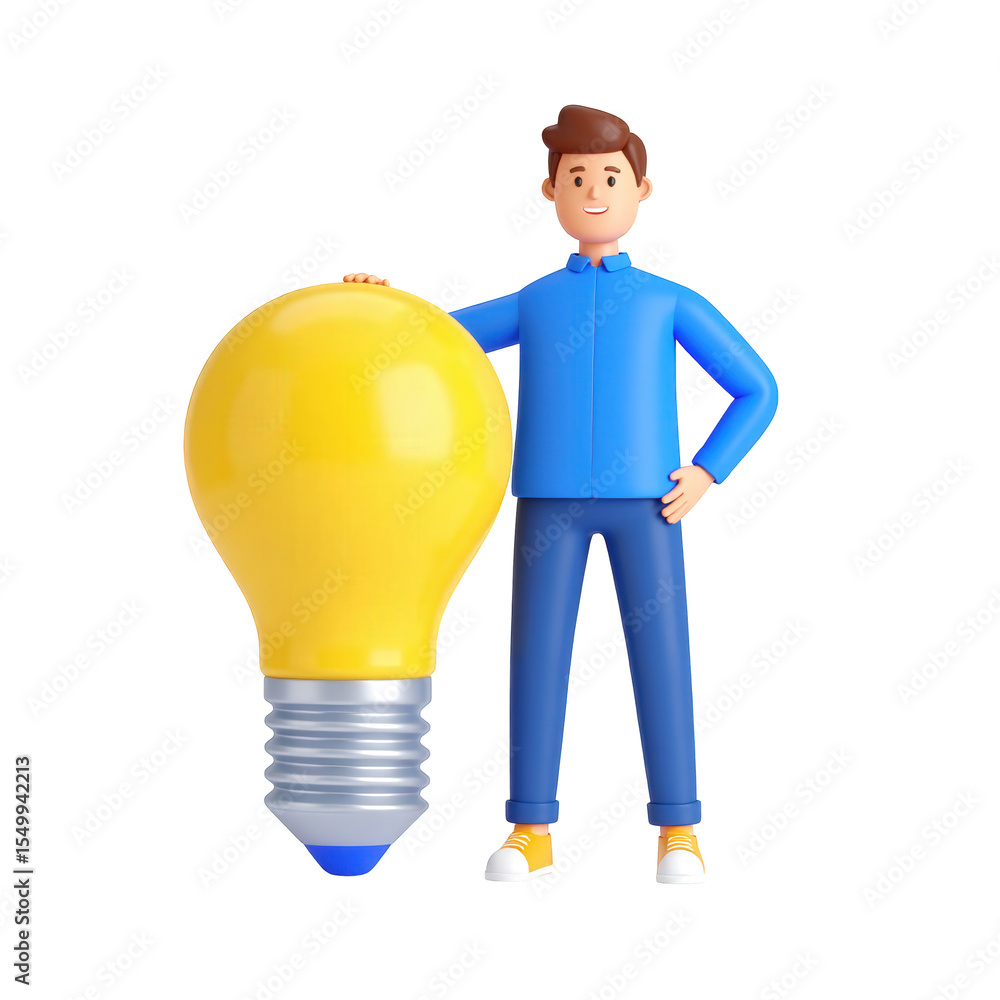 Poster idea generation man with lightbulb innovation and creative thinking isolated on transparent backgrou