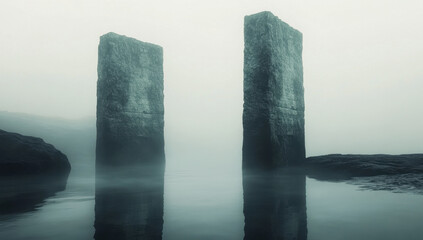 Mystical Stone Pillars in a Foggy Landscape