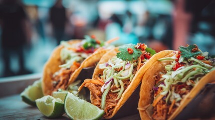 Pulled jackfruit tacos with slaw on a softly blurred vegan festival backdrop under perfect lighting