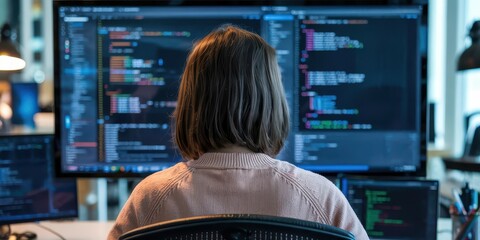 A female software developer is working on multiple screens filled with colorful code lines, focused on programming in a tech-driven workspace.