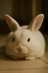 Cute white rabbit sitting on tiled floor indoors with soft lighting symbolizing gentleness innocence and calm domestic pet environment