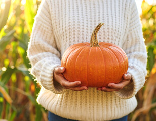 A person wearing a white knitted sweater holds a wide, flat pumpkin in a sunlit cornfield. The warm tones and setting celebrate the essence of fall.