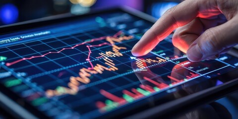 Close-up of a hand analyzing colorful stock market graphs on a touchscreen tablet, showcasing real-time trading, data analytics, and financial technology.