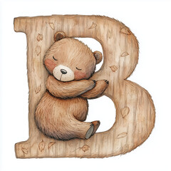 Bear hugging letter B like a pillow