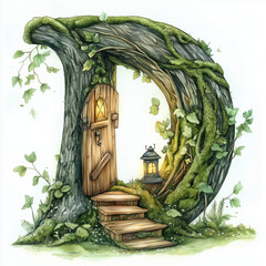 Letter D as tree door with lantern and moss