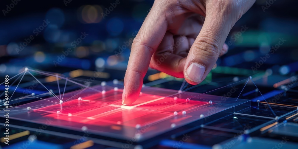 Poster a hand interacts with a glowing red touchscreen in a high-tech environment, representing digital con