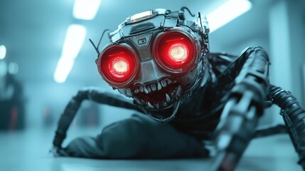 Fototapeta premium A strikingly designed futuristic robot with glowing red eyes evokes a sense of technology and innovation, blending elements of sci-fi with a unique artistic vision.