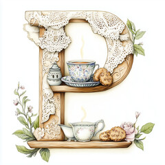 Letter P as tea shelf with cups and pretzels