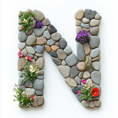 Letter N as woven path between blooming flowers