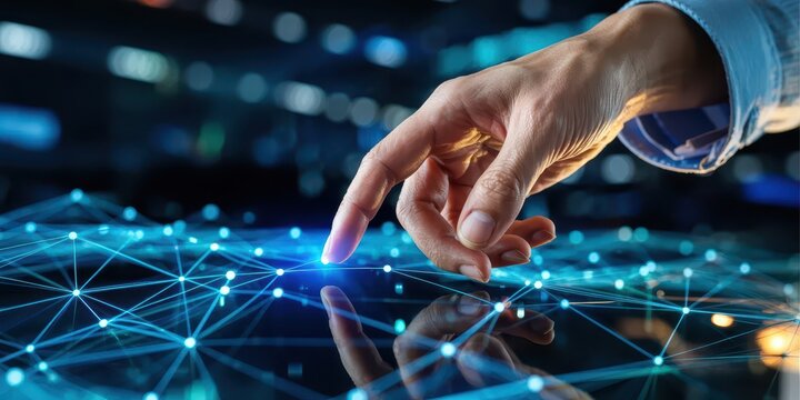 A human hand touches a glowing digital interface, visualizing data connections, futuristic technology, communication networks, and innovation concepts.