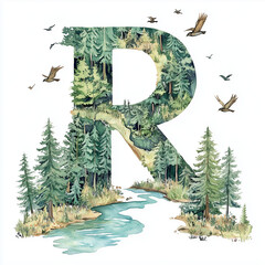 Letter R as river flowing between trees
