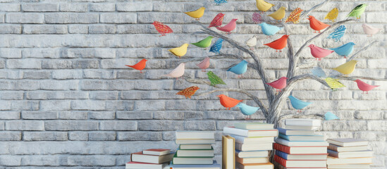 Colorful Birds on a Tree, Books and Wall