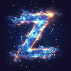 Letter Z as zigzag of lightning and stars on night sky