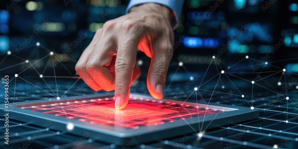 Poster a hand interacts with a glowing red touchscreen in a high-tech environment, representing digital con