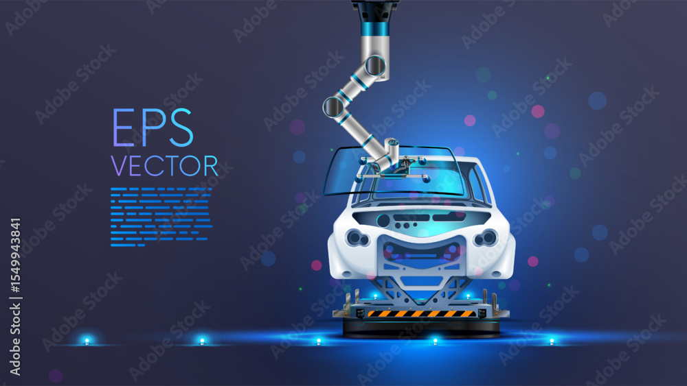 Poster automation industry. robot arm work on car factory or manufacturing line. robotic hand attaches wind