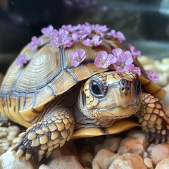 Turtle with shell covered in vibrant living flowers
