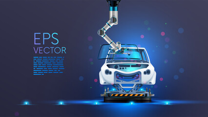 Automation industry. Robot arm work on car factory or manufacturing line. Robotic hand attaches windshield or glass on car. Technology industry automation production automobile. Industrie 4.0