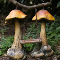 Letter U as swing hanging between two mushrooms