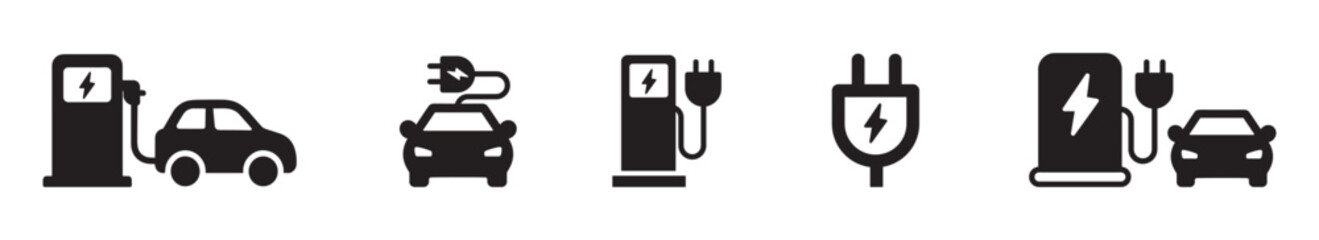 EV charger. electric vehicle charger icon set , Electric Vehicle Charging Icons. EV, Battery, Plug in Car Silhouettes . 