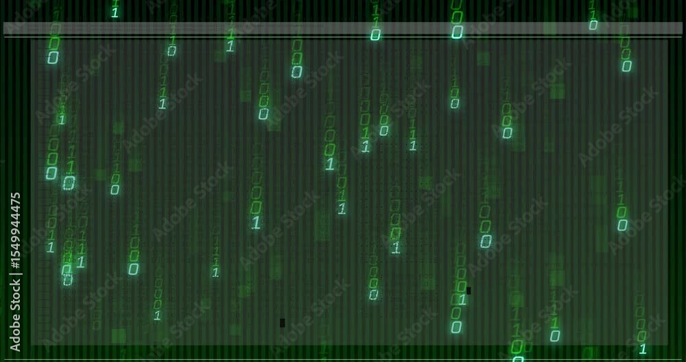 Poster opening dark striped console showing overlay and streaming neon-green code rain showing data flow