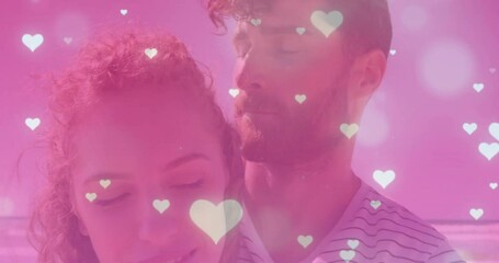 Opening pink glow launching drifting hearts around couple sharing closing eyes for social media - Powered by Adobe