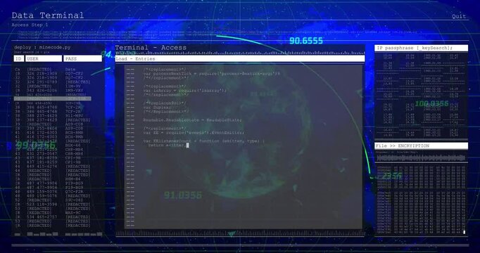 After pause crystal globe rotating as UI panels fading in code scrolling visualizing data loading