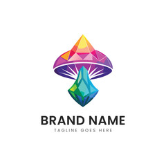 A colorful geometric logo featuring a vibrant mushroom shape with crystals, showcasing creativity and modern design principles.