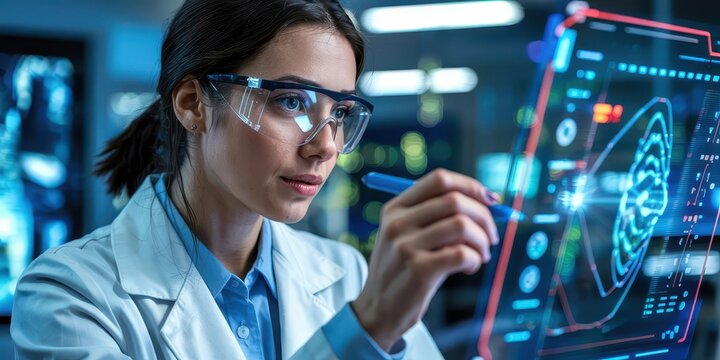 A scientist uses a digital touchscreen to analyze brain data in a high-tech lab, symbolizing innovation in medicine, science, and futuristic research.