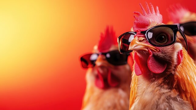 A whimsical scene featuring chickens wearing sunglasses, set against a vibrant backdrop, blending humor with a playful twist on the everyday life of farm animals in a fun way.