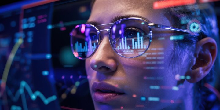 Close-up of a woman wearing glasses reflecting digital charts and graphs, symbolizing futuristic data analysis, finance, and technology innovation.