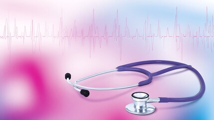 Medical stethoscope and pink heartbeat background