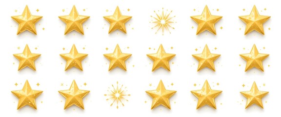 Golden Star Sparkle Grid. Festive Celebratory Icons Shimmer On White. Perfect For Adding Elegant Brightness, Use These Shapes To Make A Design Pop. Shining Symbols Add Visual Appeal.