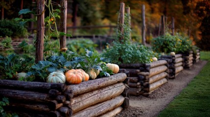 Rustic side view of raised log garden beds with squash gourds and bean poles on a softly blurred forest edge backdrop