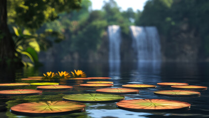 Serene Waterfall Pond with Lily Pads